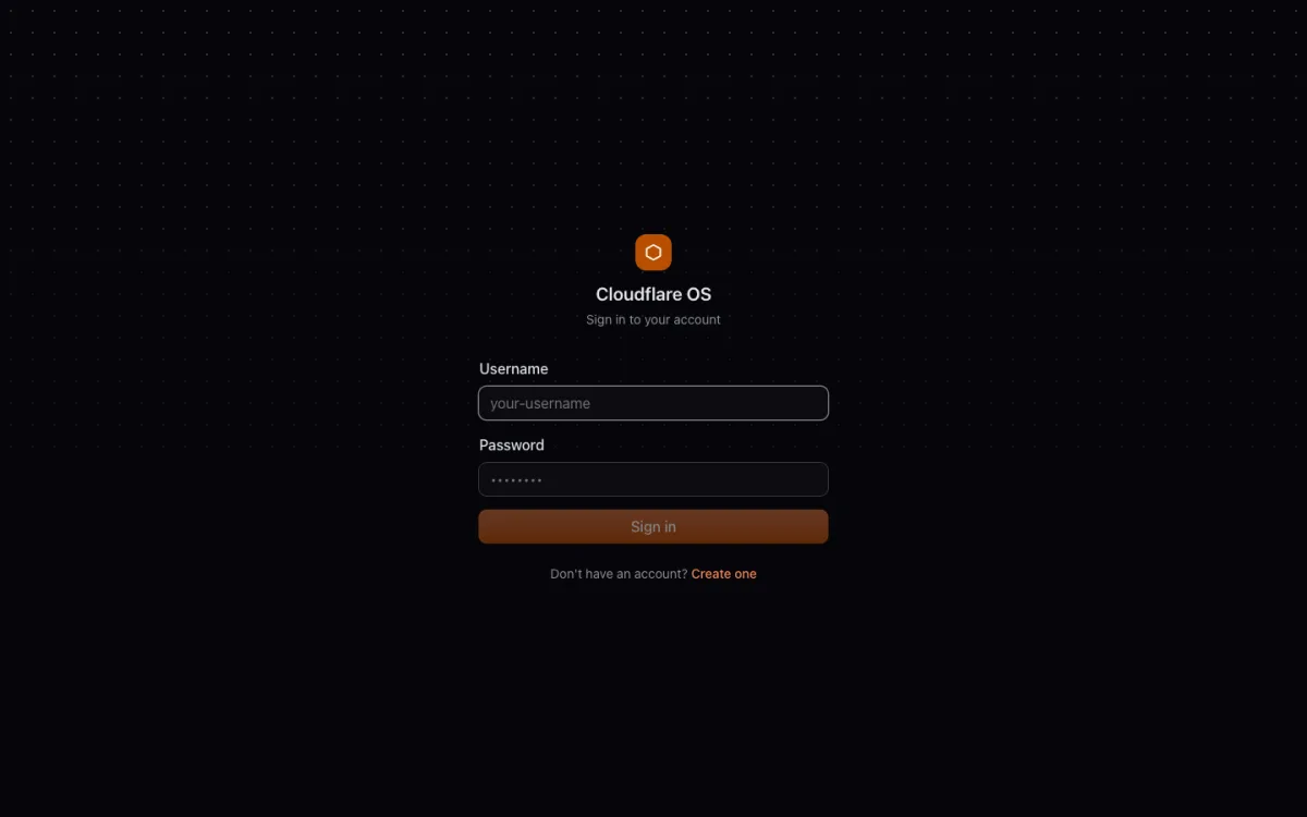 Het inlogscherm van Cloudflare OS op localhost poort 8787, met velden voor gebruikersnaam en wachtwoord en een oranje Sign in-knop.