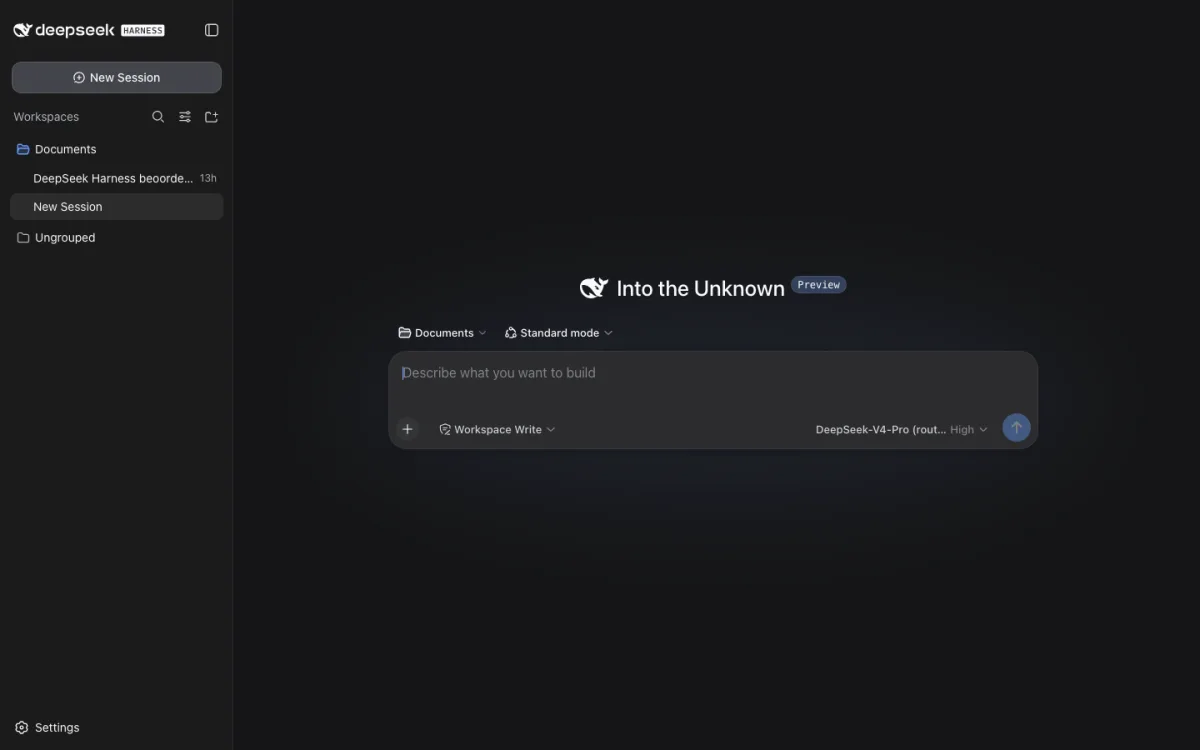 De webinterface van DeepSeek Harness op localhost poort 3080, met links een lijst met workspaces en sessies en in het midden een invoerveld met de tekst Describe what you want to build.