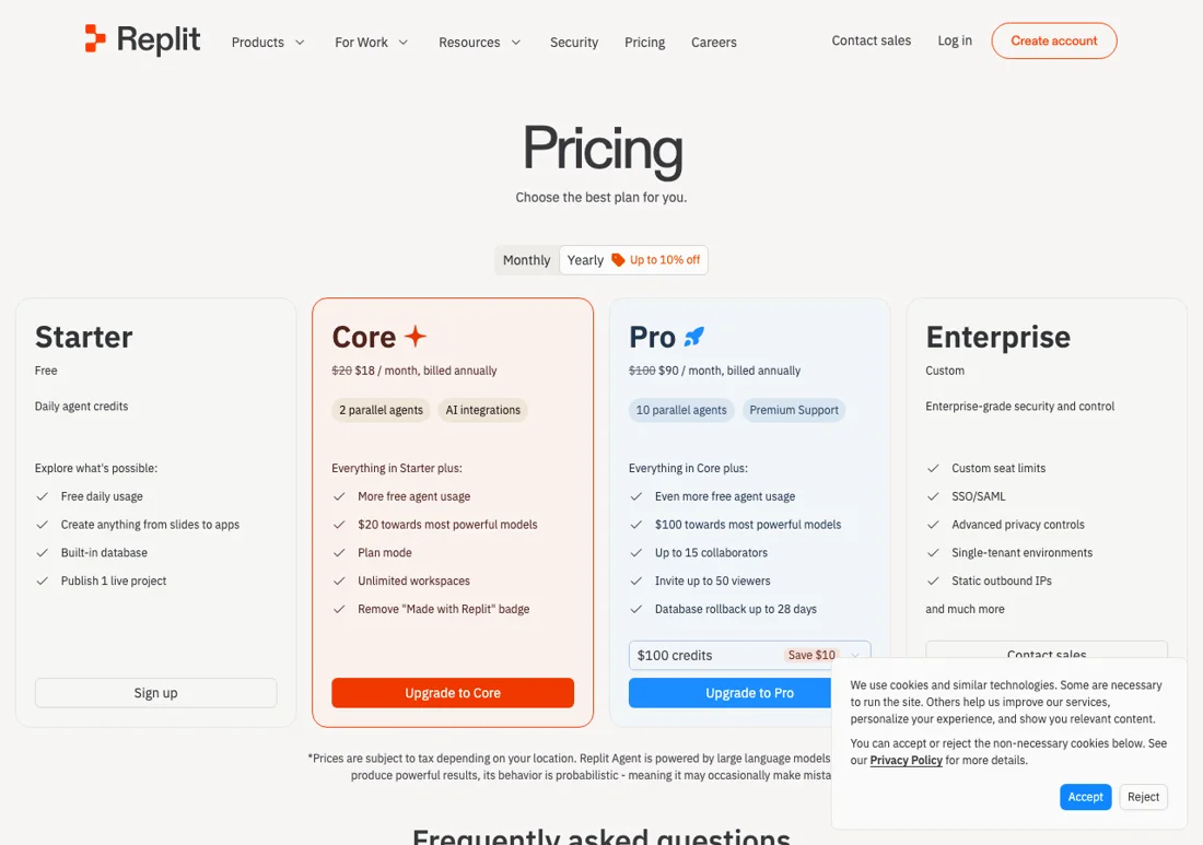 De prijspagina van Replit met de plannen Starter, Core, Pro en Enterprise